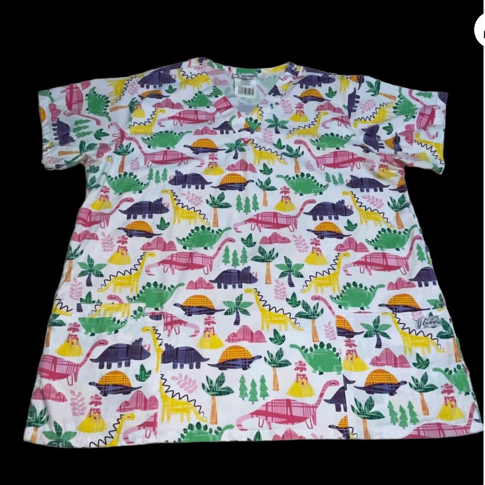 Uniform Advantage Size Large Dinosaur Dino Floral Scrub Shirt White Pink Blue